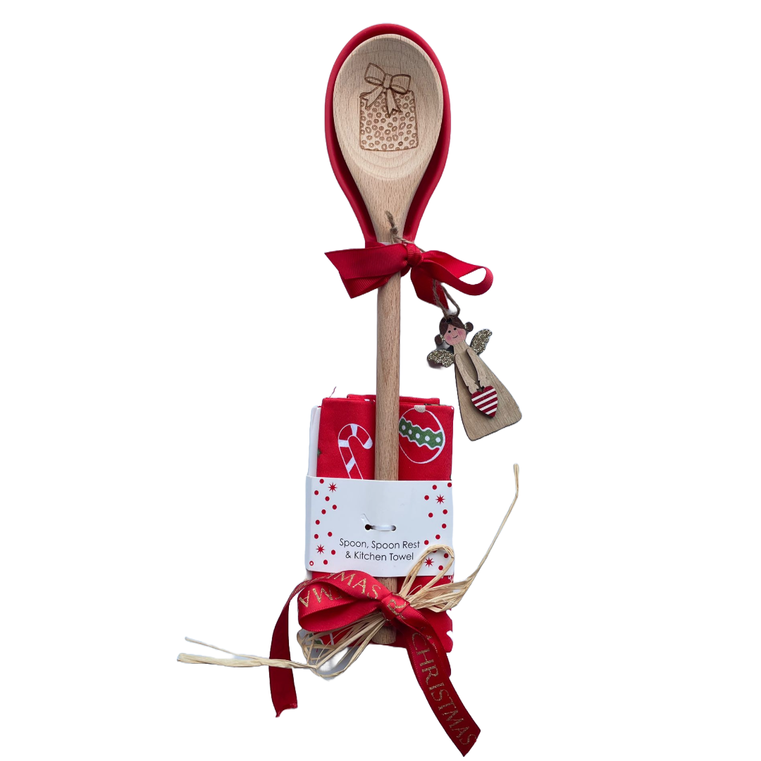 Wooden Spoon, Spoon Rest and Christmas Tea Towel Set - Red