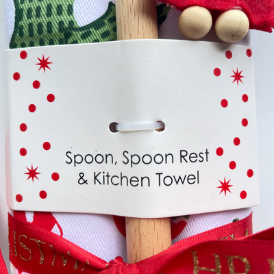 Wooden Spoon, Spoon Rest and Christmas Tea Towel Set - Green