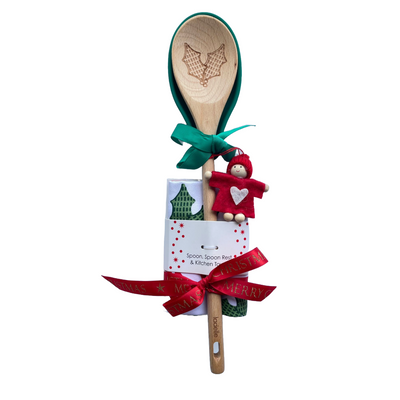 Wooden Spoon, Spoon Rest and Christmas Tea Towel Set - Green